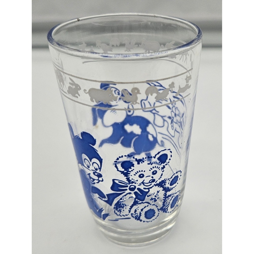 Vintage Kids Cartoon Glass Blue Animals Pigs Bear‎ Mickey Mouse Fun